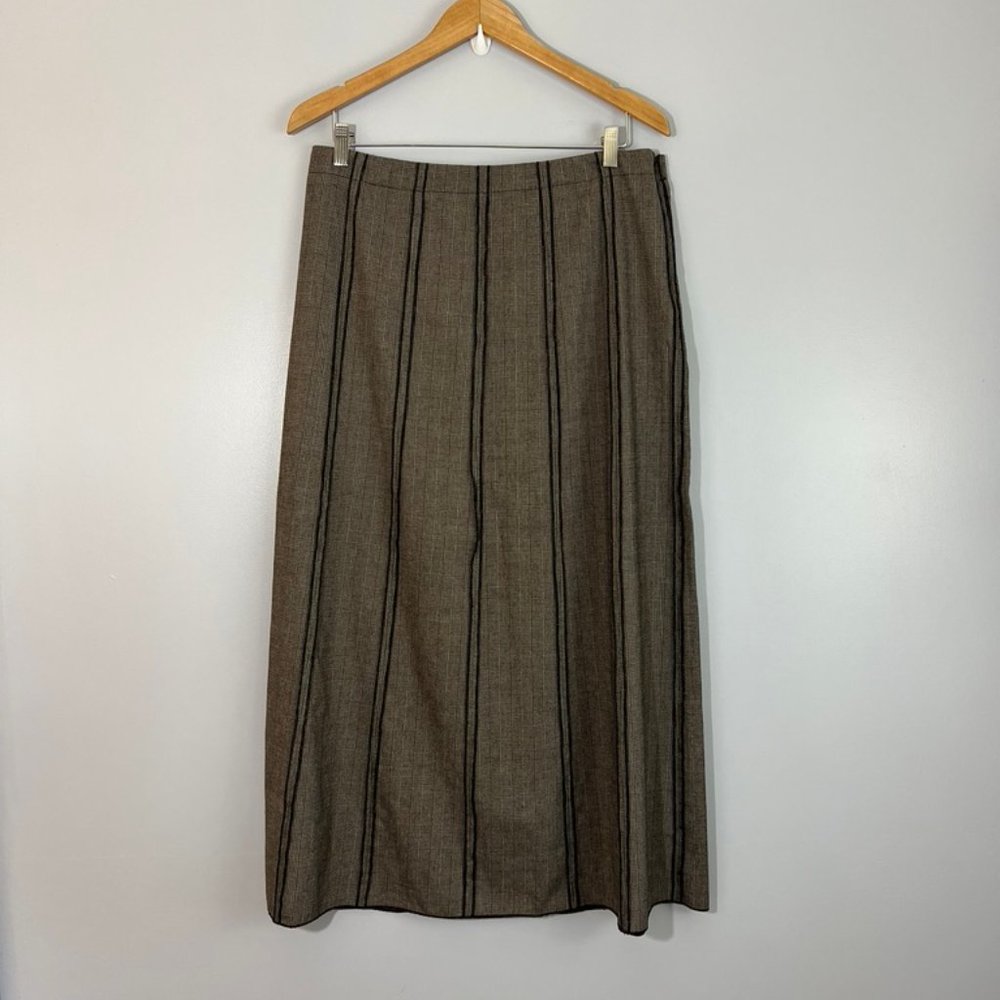 Plenty by Tracy Reese Maxi Skirt in Brown Plaid w/ Black Vertical Stripes